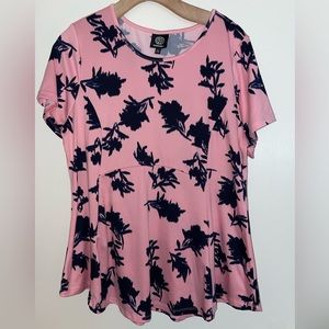 Bobeau, short sleeve, peplum blouse, bright pink, navy blue flowers, Size L